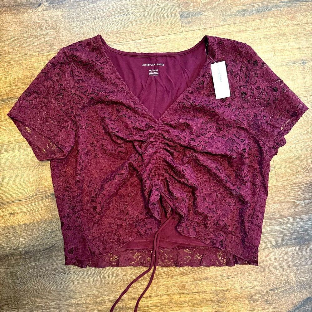 American Eagle Outfitters Maroon Lace Ruched Tie Front Ruffled Hem Crop Top